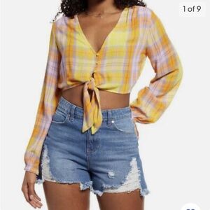 BP Tartan Plaid cropped top  Tie Waist Long Sleeve Crop Top/Yellow Plaid/Size M